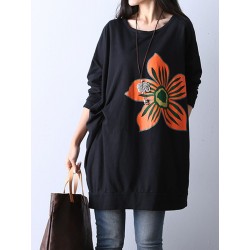 Casual Women Loose Flower Printing Round Neck Long Sleeve Sweatshirt