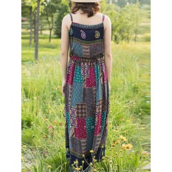 Women Floral Print Spaghetti Strap High Waist Pleated Maxi Dresses