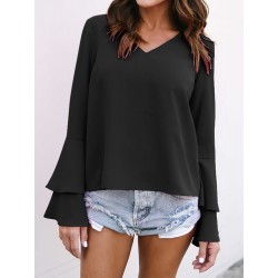 Women V Neck Chiffon Long Bell Sleeve Casual Loose Tops Blouses