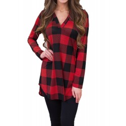 Women Long Sleeved Checked V Neck Long Sleeve Blouse