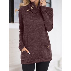 Casual Women Solid Color Long Sleeve Pocket Pile Collar Blouse