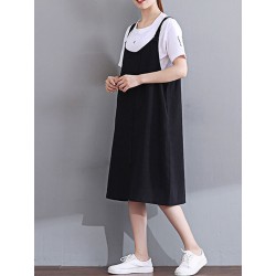 Casual Women Straps Sleeveless Solid Color Knee-Length Dress with Pocket