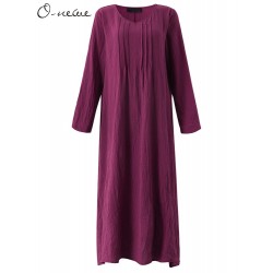 O-NEWE Loose Women Folk Style Solid Color Pleated Maxi Dress