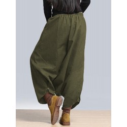 Casual Women Solid Elastic Waist Pockets Harem Pants